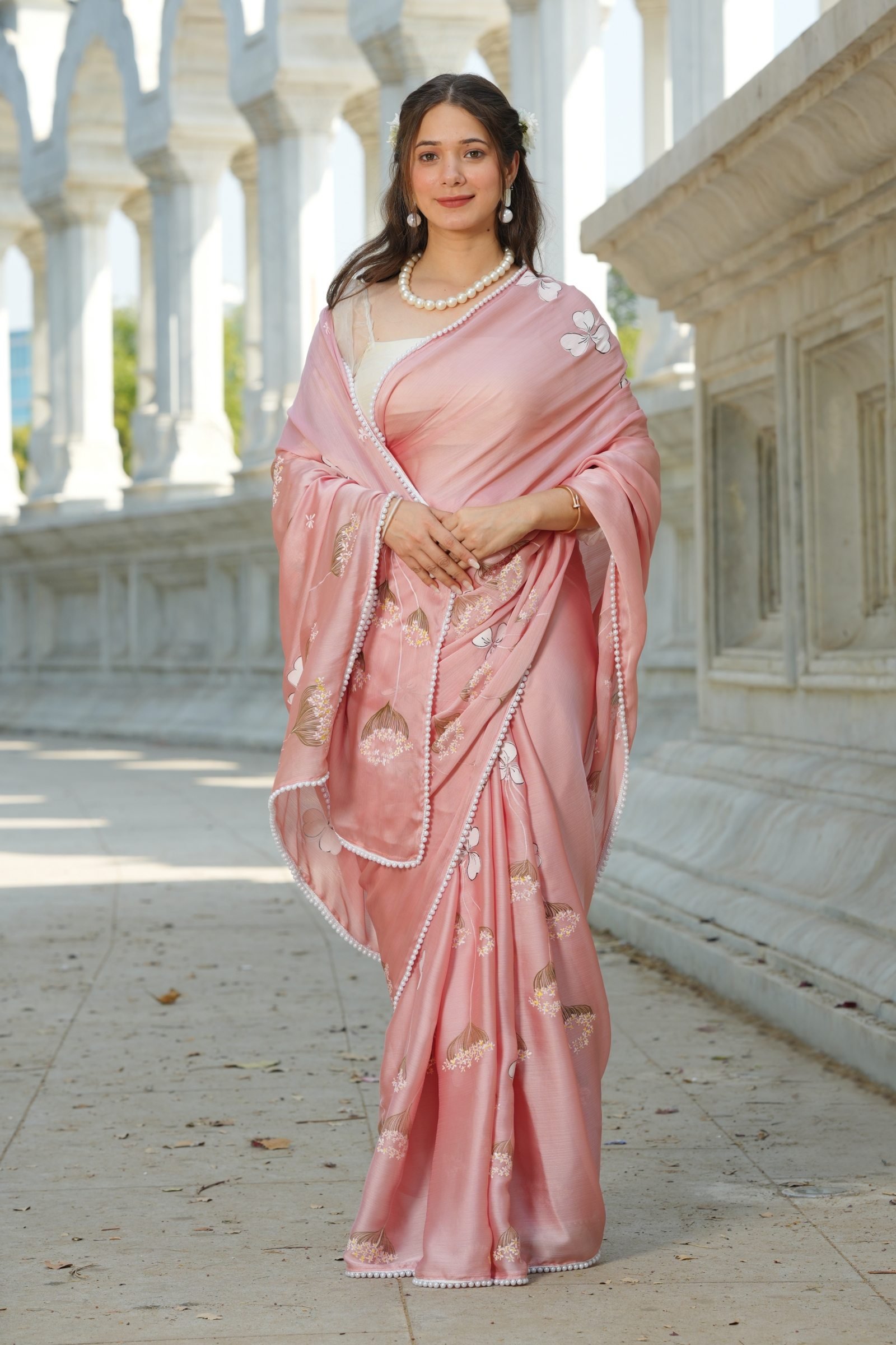 Blush Blossom Handpainted Pure Silk Saree front view. Luxury blush pink drape with pearl lace border.