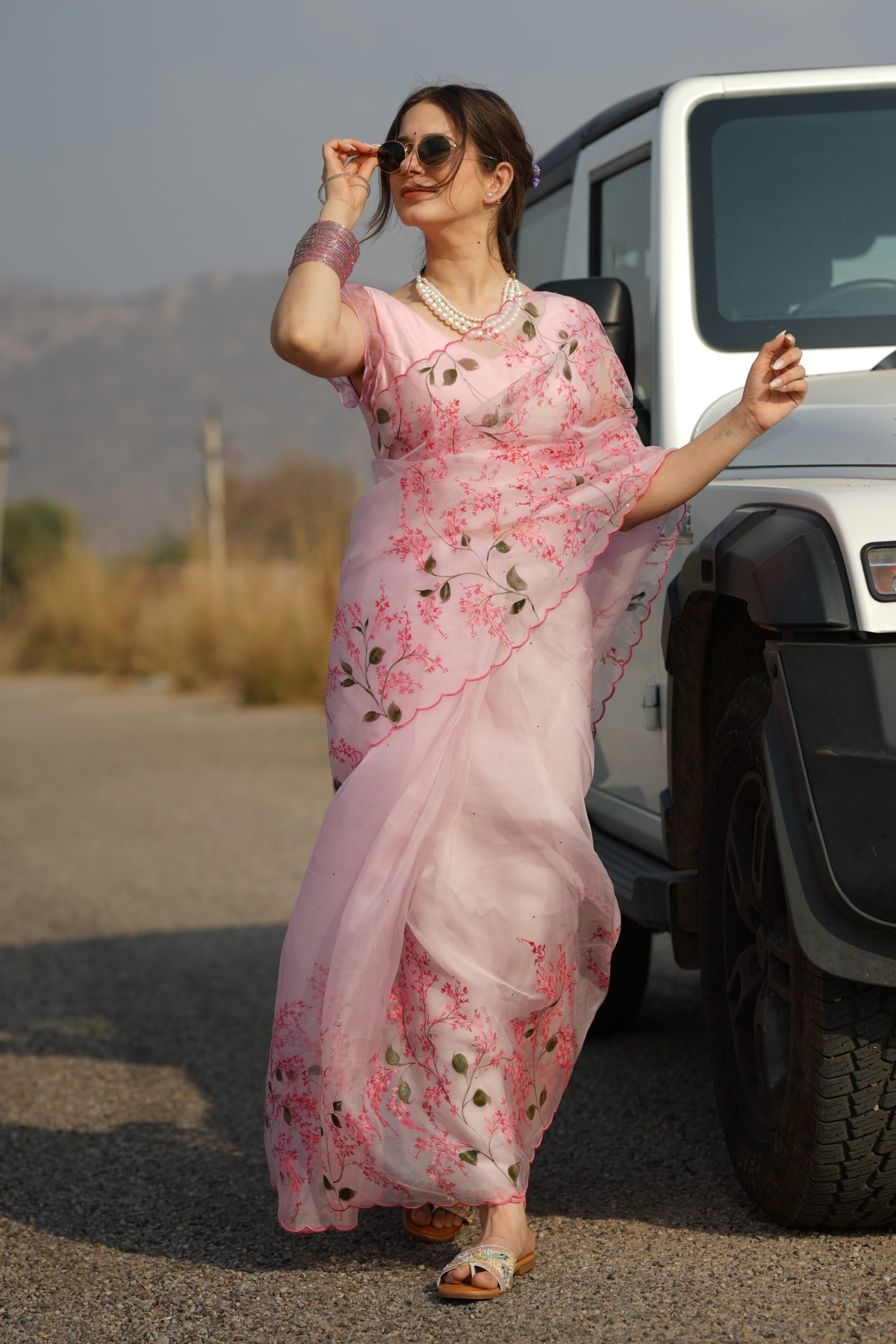 Cherry Blossom Handpainted Organza Saree in pink, featuring delicate floral branch motifs.