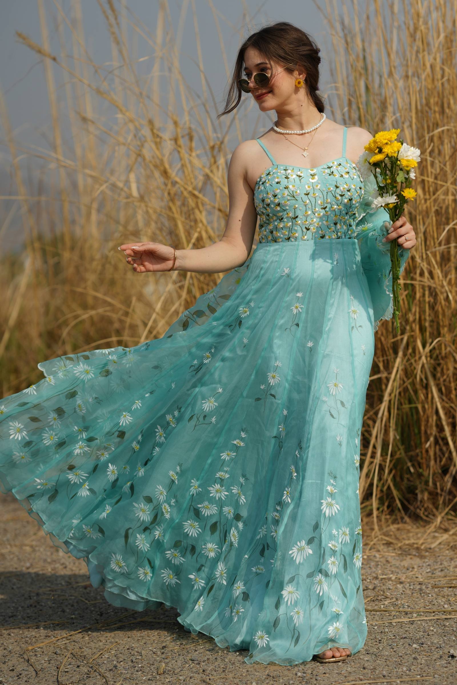 Full Flow of Handpainted Organza Skirt in Aqua Blue