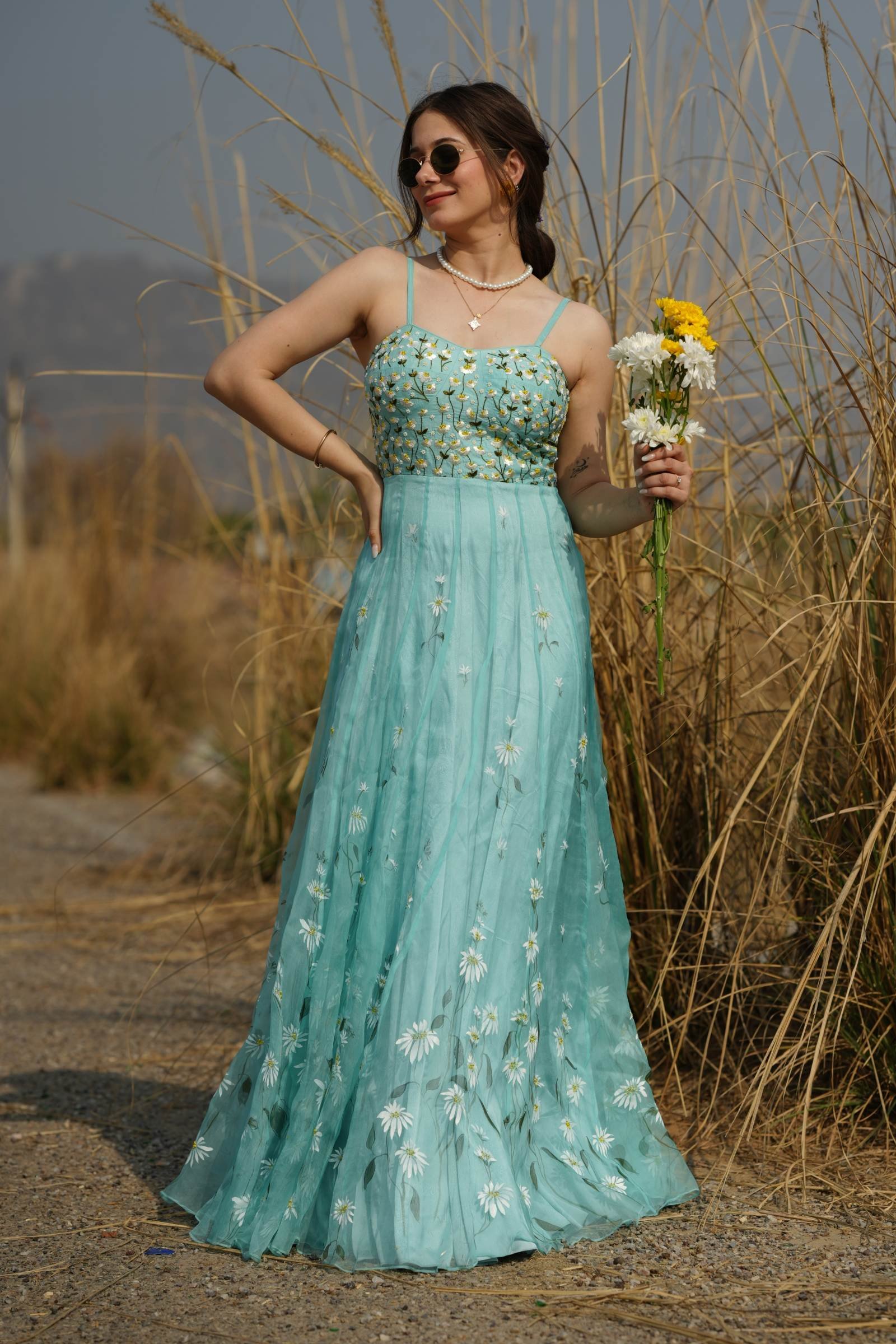 Aqua Pure Organza Gown with Handpainted Daisy Meadow Motif