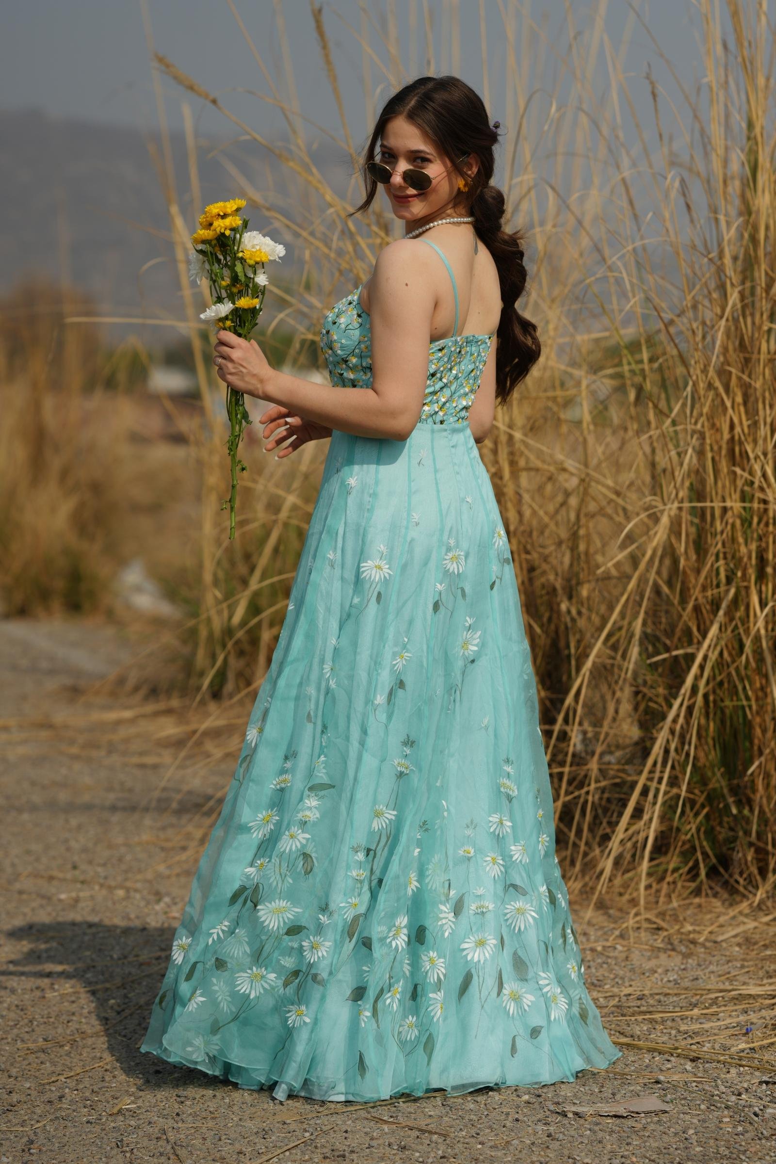 Side View of Aqua Organza Anarkali Gown Handpainted