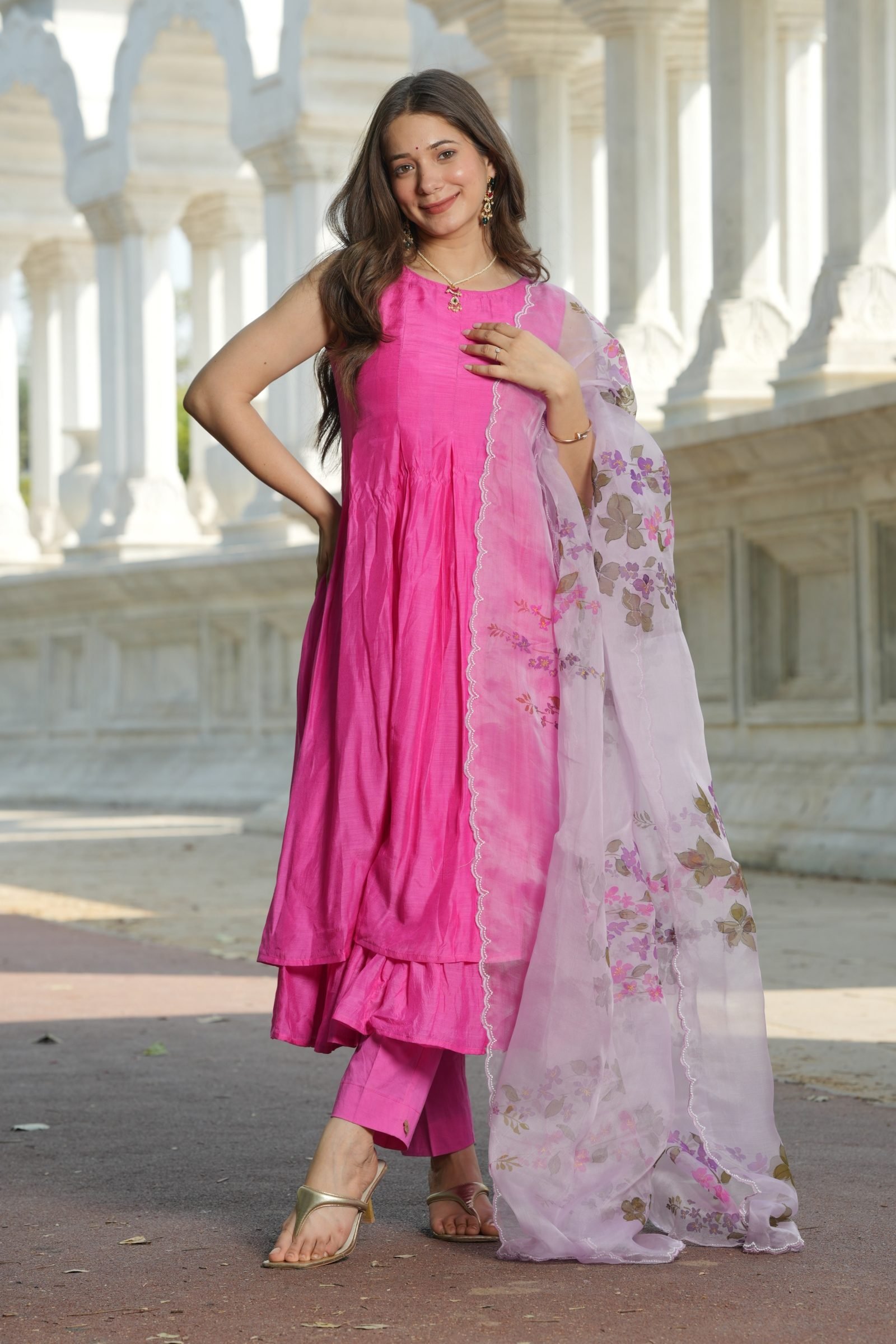 Fuchsia Bloom Luxury Chanderi Anarkali Suit with Ombre Handpainted Organza Dupatta.