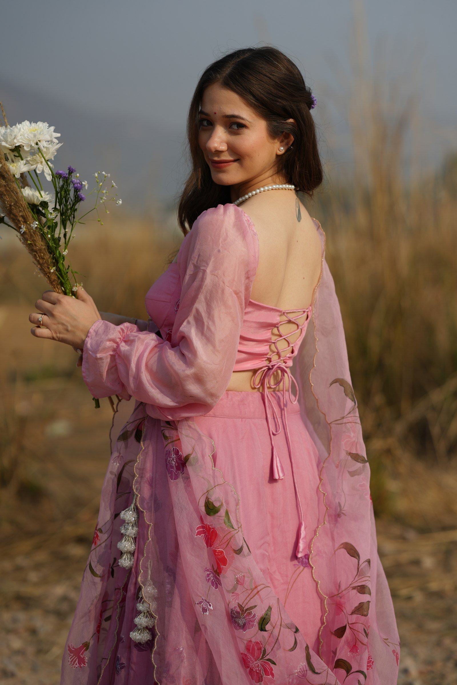 Back View of Pink Lehenga Blouse with Lace-Up Detail