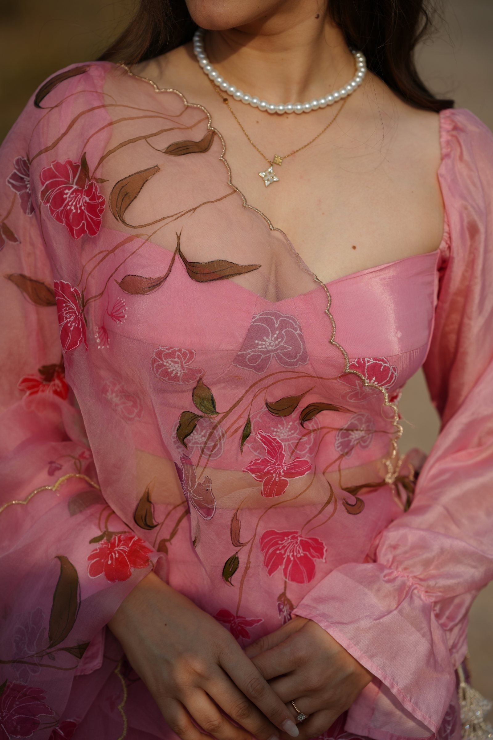 Close-up of Hibiscus Floral Handpainting on Pink Organza