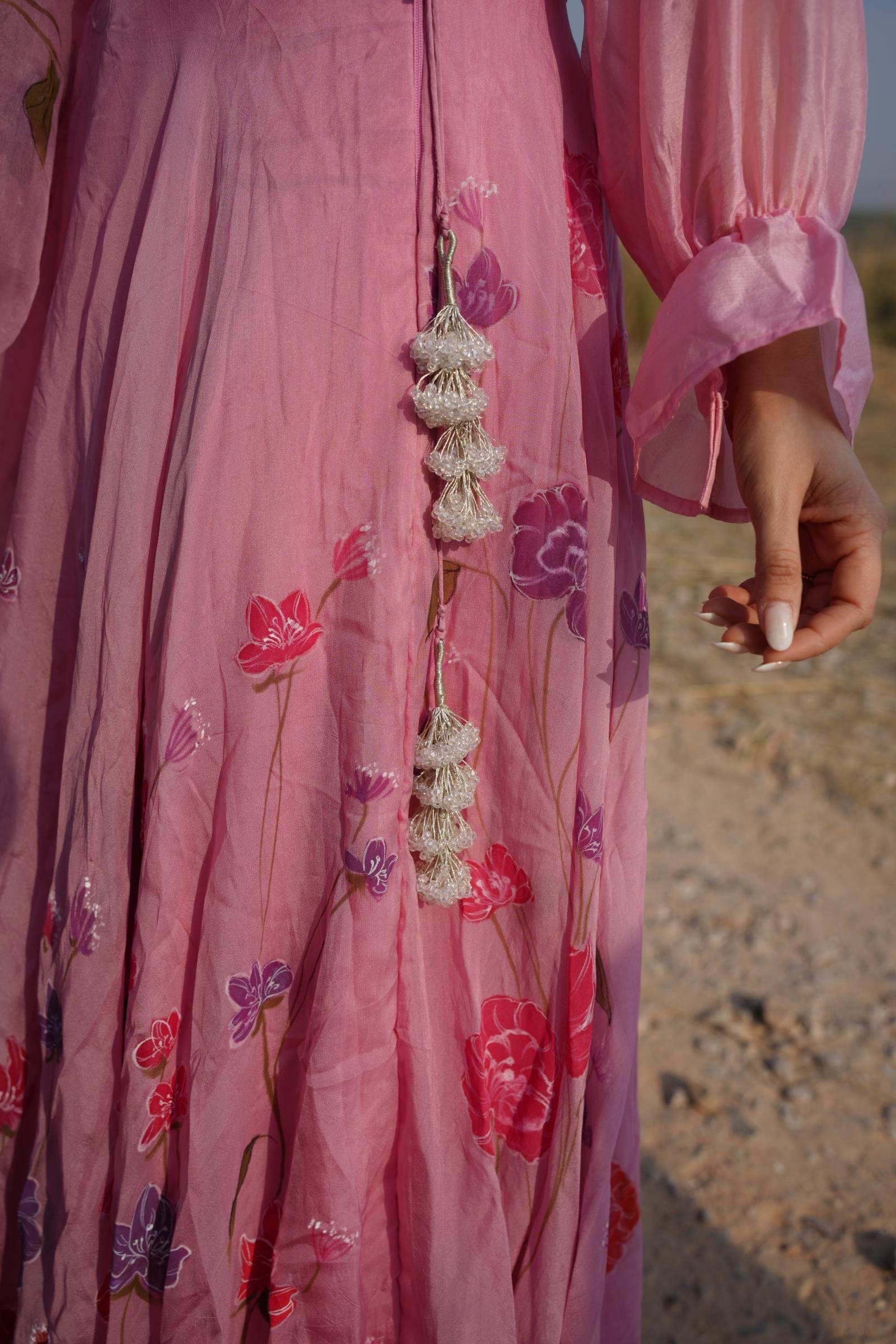 Detail of Handpainted Floral Lehenga Skirt with Tassels