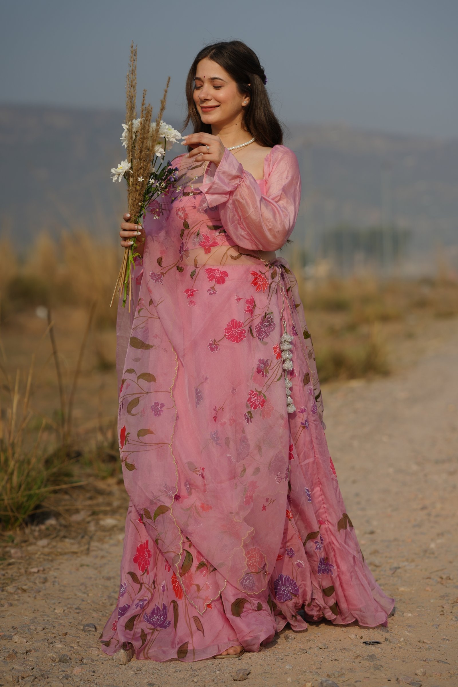 Luxury Pink Silk Lehenga with Handpainted Organza Dupatta