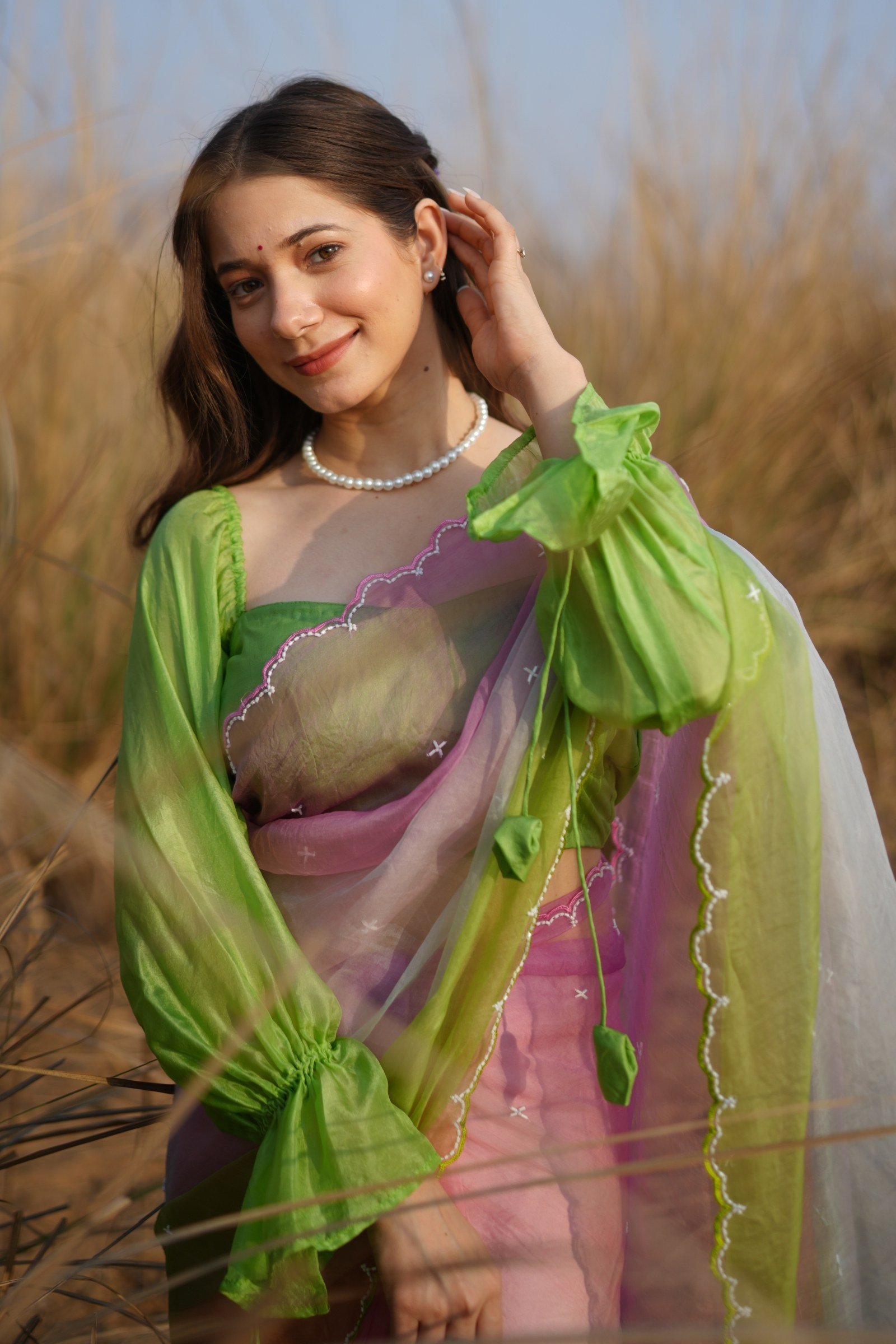 Close-up of Ombre Saree and Ruffled Green Silk Blouse