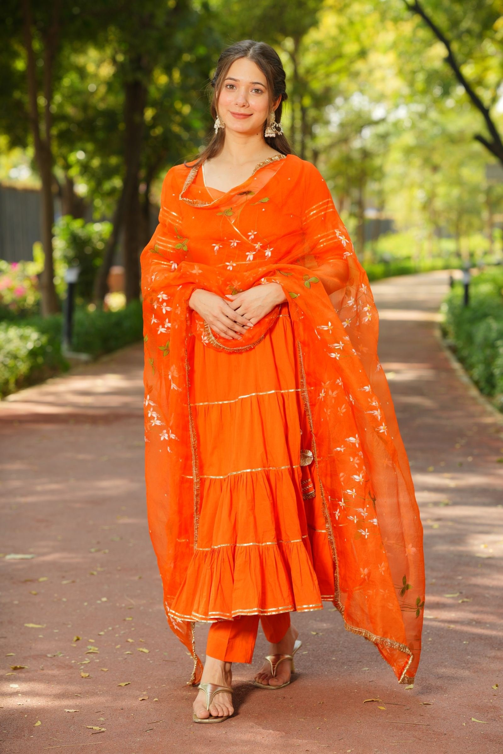 Marigold Melody Luxury Orange Tiered Anarkali Set with Handpainted Organza Dupatta.